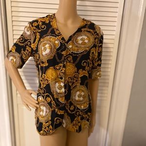 Black / Gold blouse retro shirt. Missing the 4 th black button.